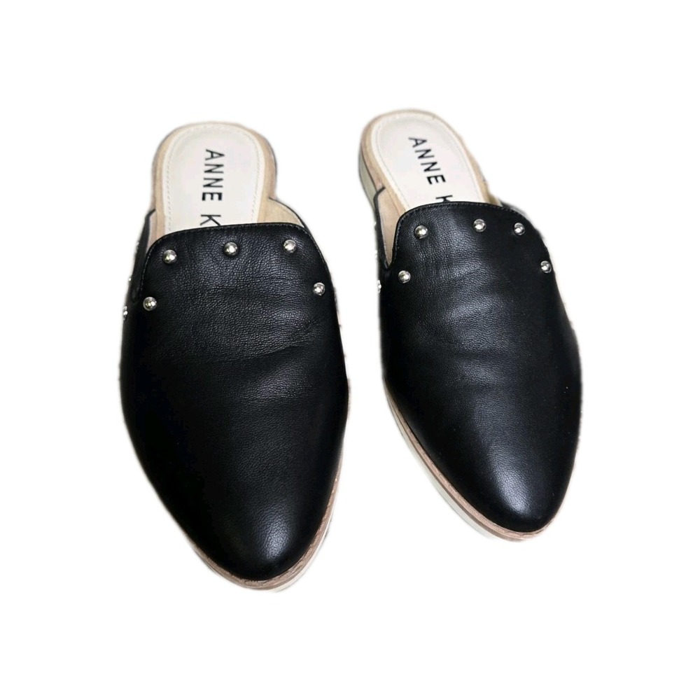ANNE KLEIN Womens 7 M Black Mules Cushioned Shea-S Studded Slip-on Leather Slide